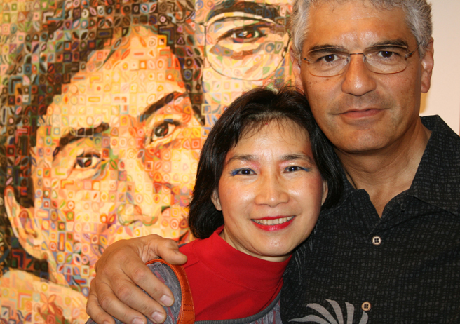 Mei-Ying and Ron Dell'Aquila and her painting Self Portrait (Hoommage to Chuck Close) LGAA Spring Show 2013